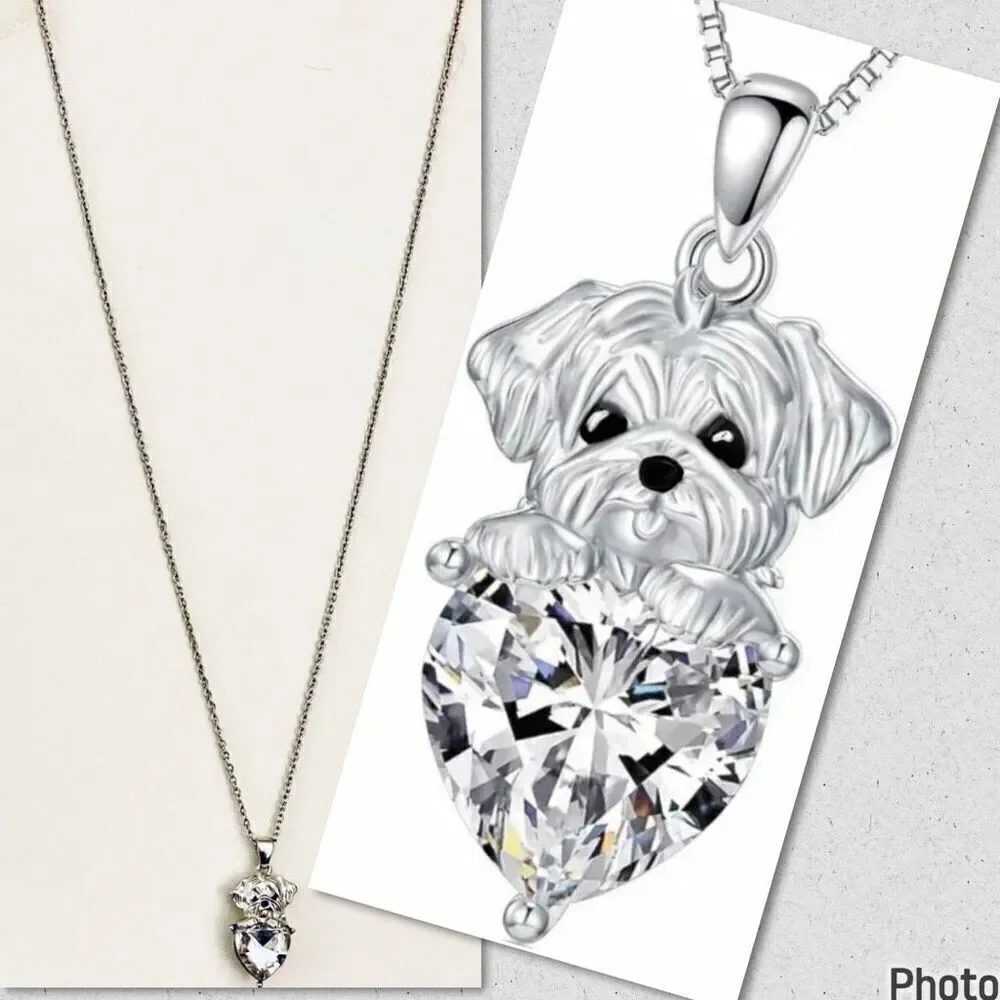 NWT Gorgeous Silver Puppy Dog holding heart Necklace with White Rhinestone